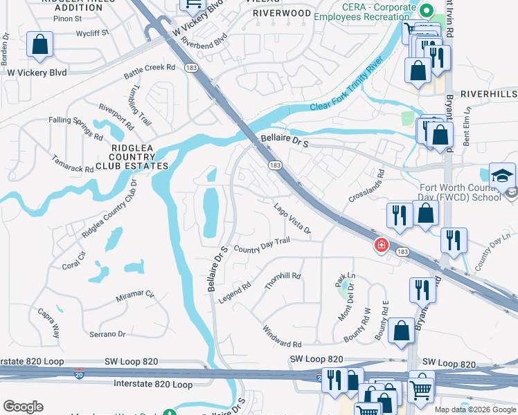 map of restaurants, bars, coffee shops, grocery stores, and more near 4105 Lake Breeze Court in Fort Worth