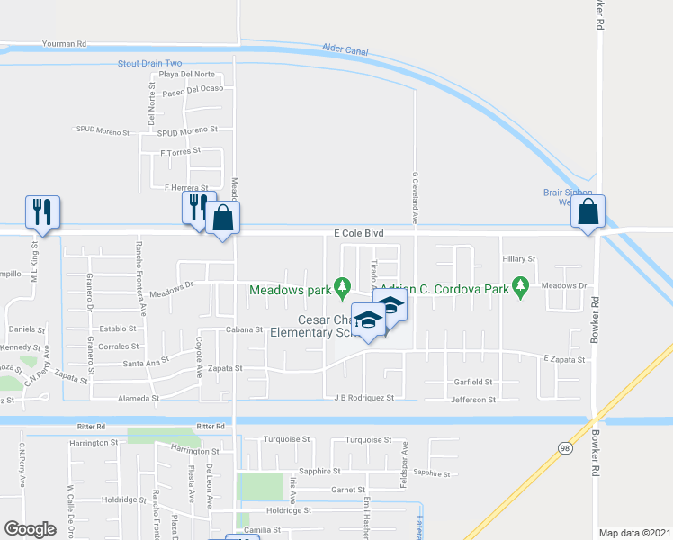 map of restaurants, bars, coffee shops, grocery stores, and more near 2231 Camino Drive in Calexico