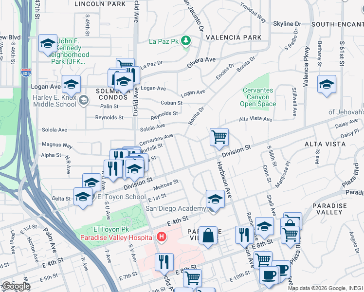 map of restaurants, bars, coffee shops, grocery stores, and more near 143 North Drexel Avenue in National City
