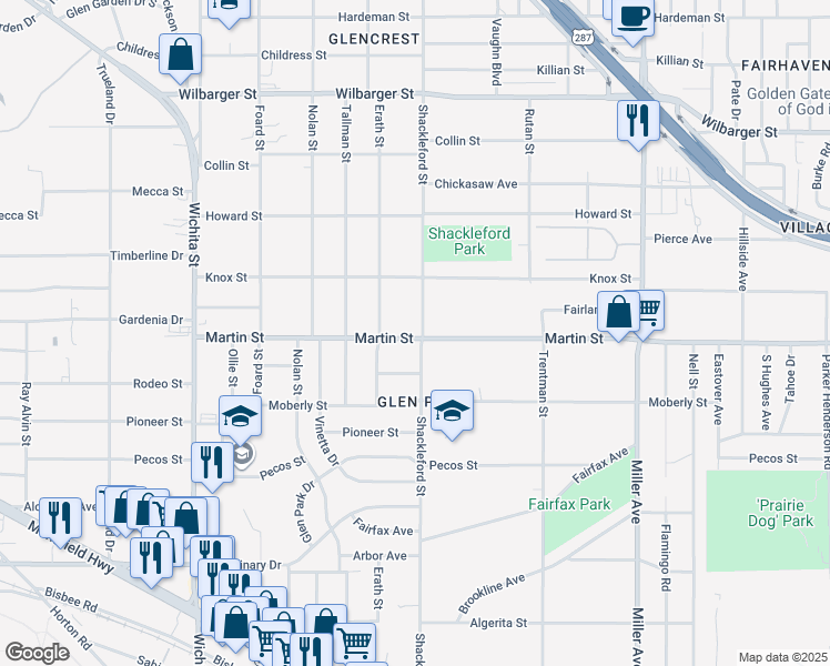map of restaurants, bars, coffee shops, grocery stores, and more near 3525 Martin Street in Fort Worth
