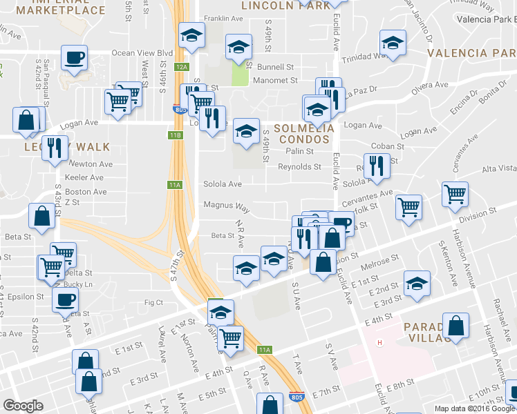 map of restaurants, bars, coffee shops, grocery stores, and more near 4863 Wyconda Ln in San Diego