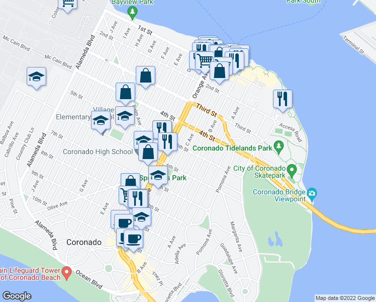 map of restaurants, bars, coffee shops, grocery stores, and more near 1211 5th Street in Coronado