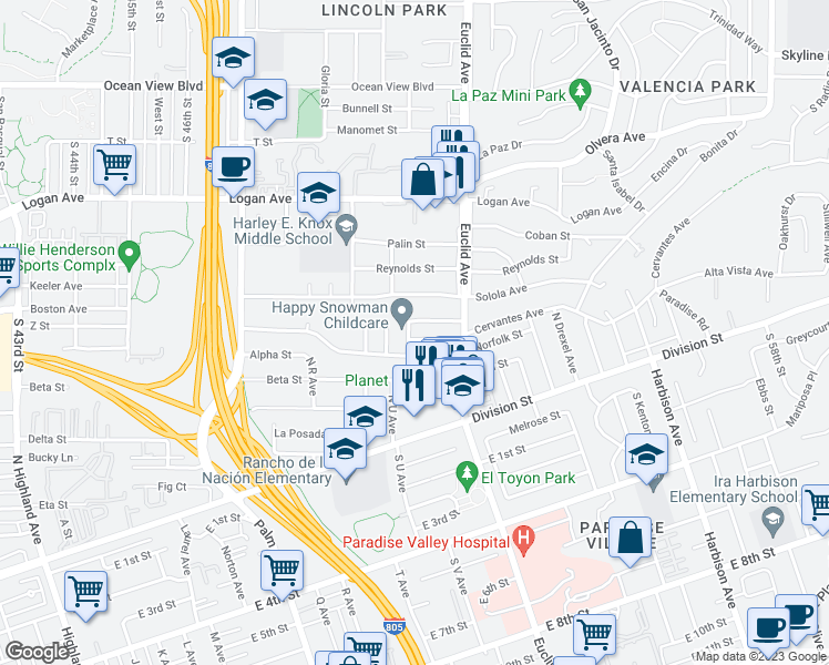 map of restaurants, bars, coffee shops, grocery stores, and more near 5002 Cervantes Avenue in San Diego