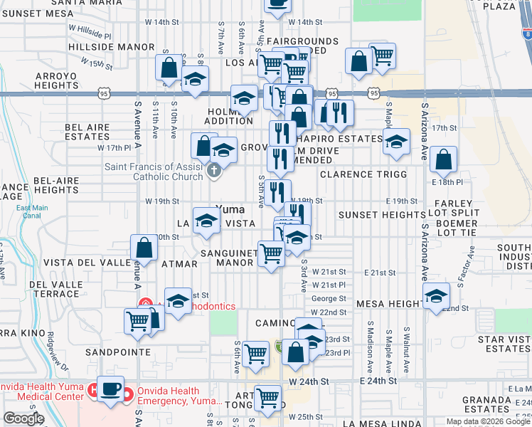 map of restaurants, bars, coffee shops, grocery stores, and more near 1907 South 5th Avenue in Yuma