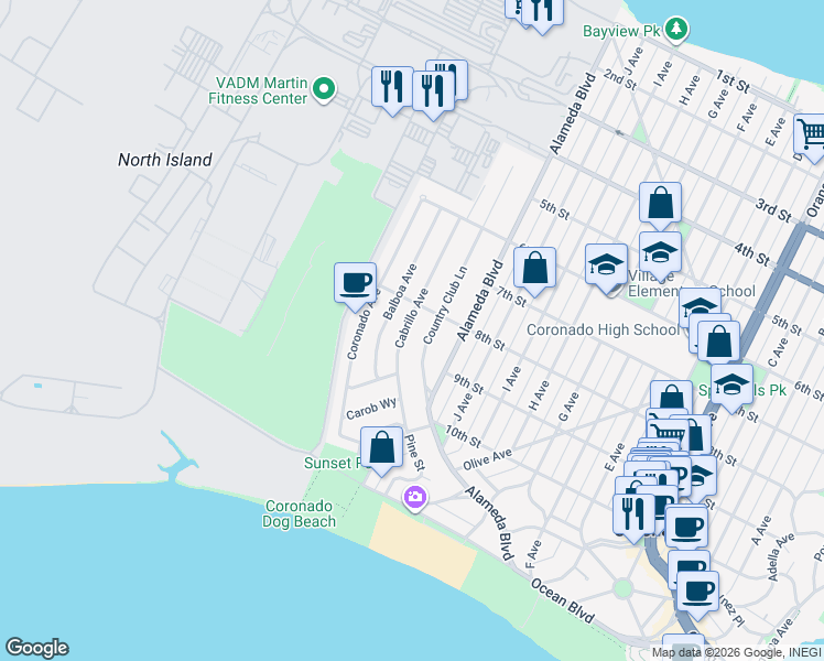map of restaurants, bars, coffee shops, grocery stores, and more near 821 Cabrillo Avenue in Coronado