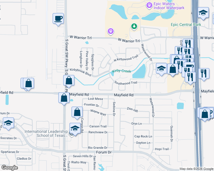 map of restaurants, bars, coffee shops, grocery stores, and more near 2339 Shirebrook Court in Grand Prairie