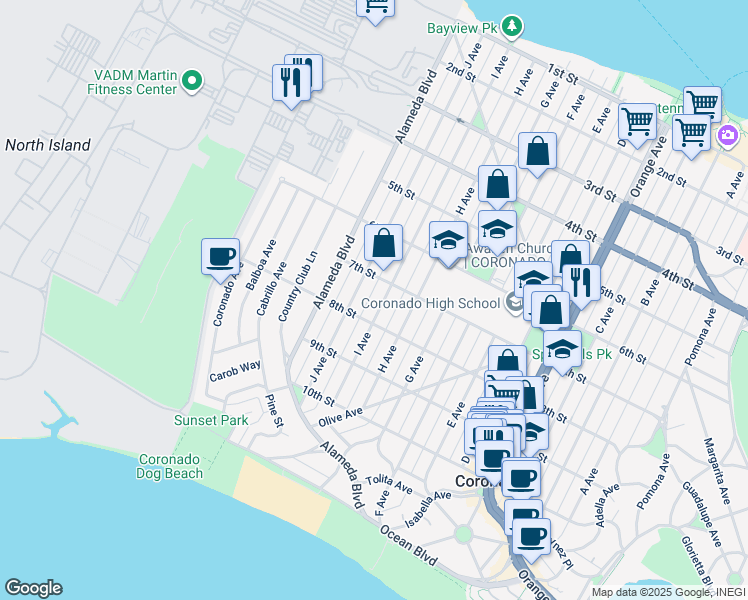map of restaurants, bars, coffee shops, grocery stores, and more near 738 I Avenue in Coronado