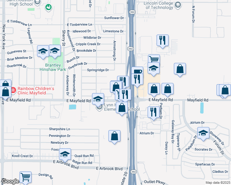 map of restaurants, bars, coffee shops, grocery stores, and more near 2501 Gumwood Drive in Arlington