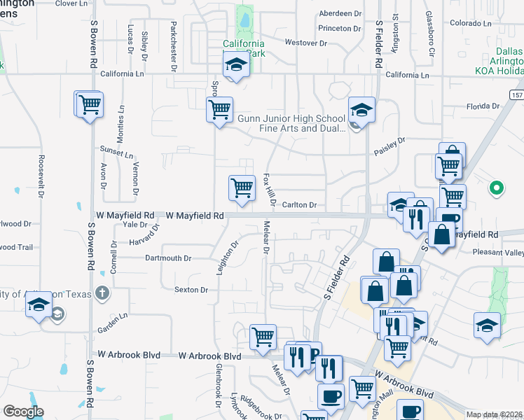 map of restaurants, bars, coffee shops, grocery stores, and more near 1905 West Mayfield Road in Arlington