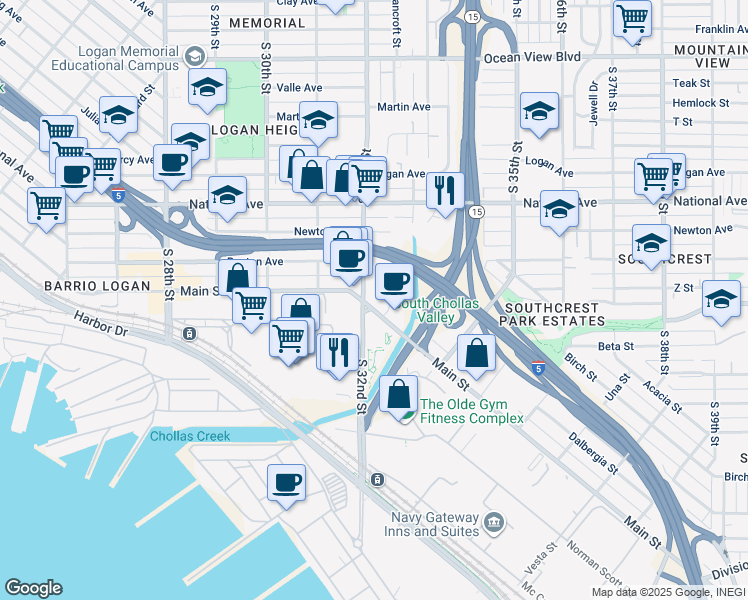 map of restaurants, bars, coffee shops, grocery stores, and more near 3204 Main Street in San Diego