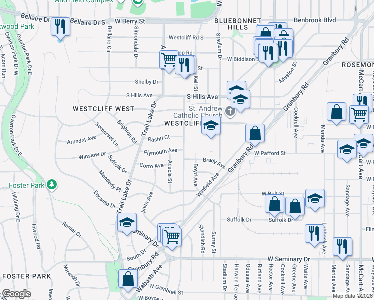 map of restaurants, bars, coffee shops, grocery stores, and more near 3845 Carolyn Road in Fort Worth