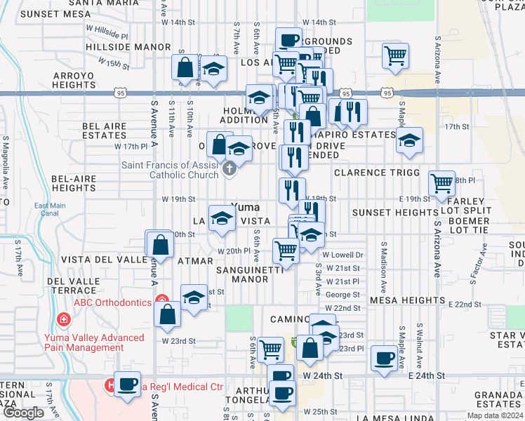 map of restaurants, bars, coffee shops, grocery stores, and more near 1913 South 6th Avenue in Yuma