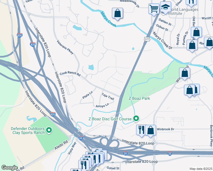 map of restaurants, bars, coffee shops, grocery stores, and more near 8345 Estandarte Ct in Benbrook