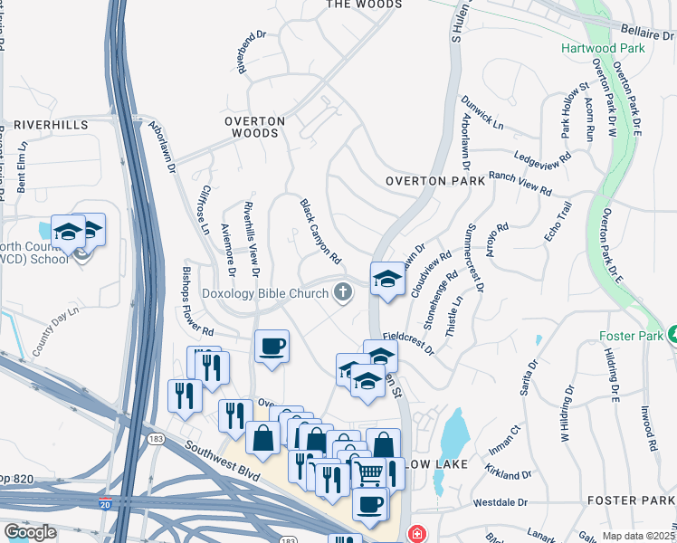 map of restaurants, bars, coffee shops, grocery stores, and more near 3871 Black Canyon Road in Fort Worth