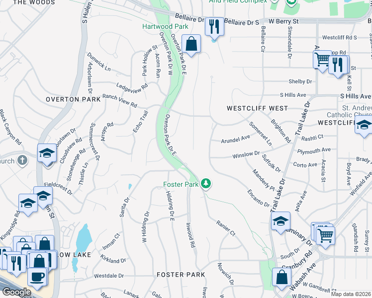 map of restaurants, bars, coffee shops, grocery stores, and more near 3720 Autumn Drive in Fort Worth