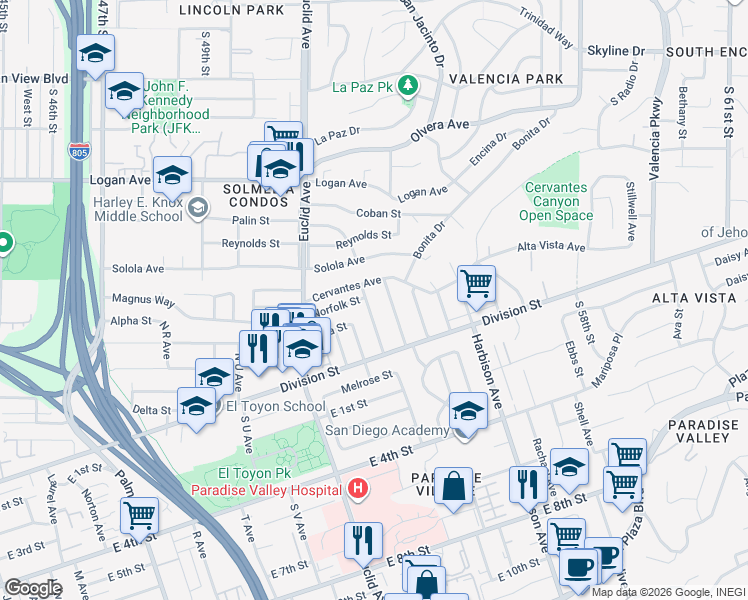 map of restaurants, bars, coffee shops, grocery stores, and more near 2540 Norfolk Street in National City