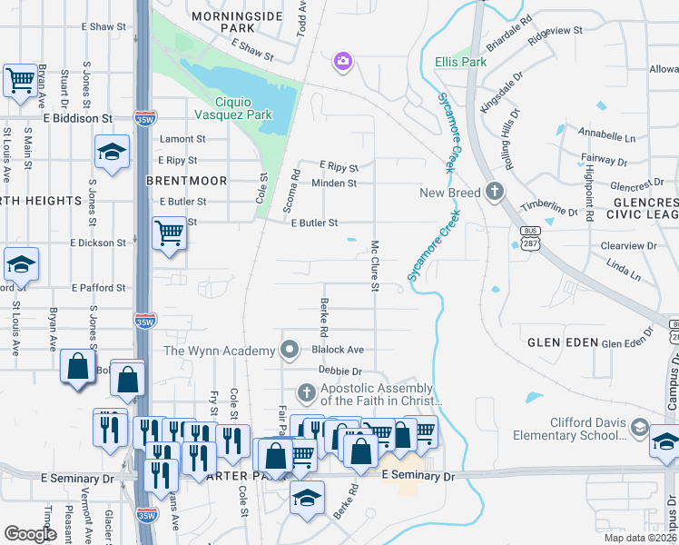 map of restaurants, bars, coffee shops, grocery stores, and more near 1220 Elva Warren Street in Fort Worth