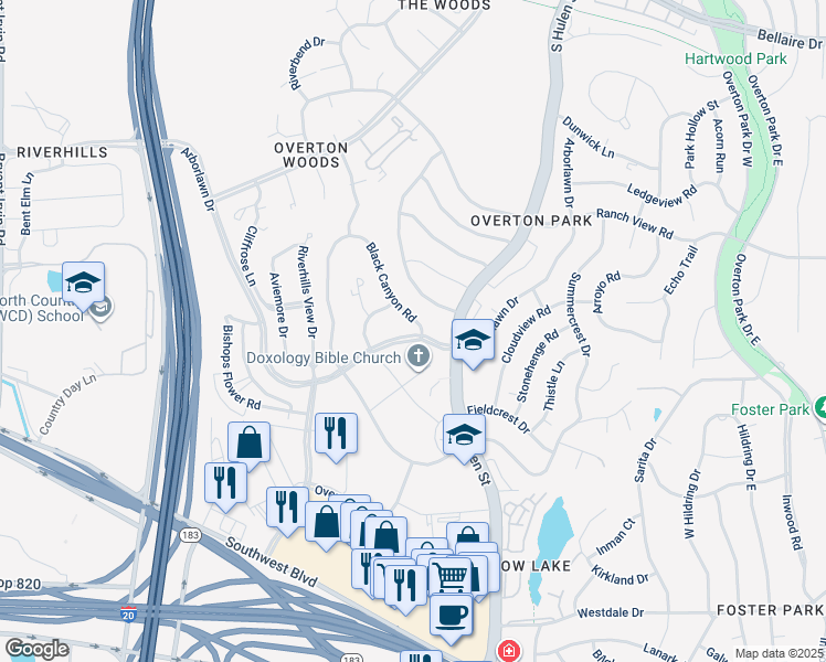 map of restaurants, bars, coffee shops, grocery stores, and more near 3871 Black Canyon Road in Fort Worth