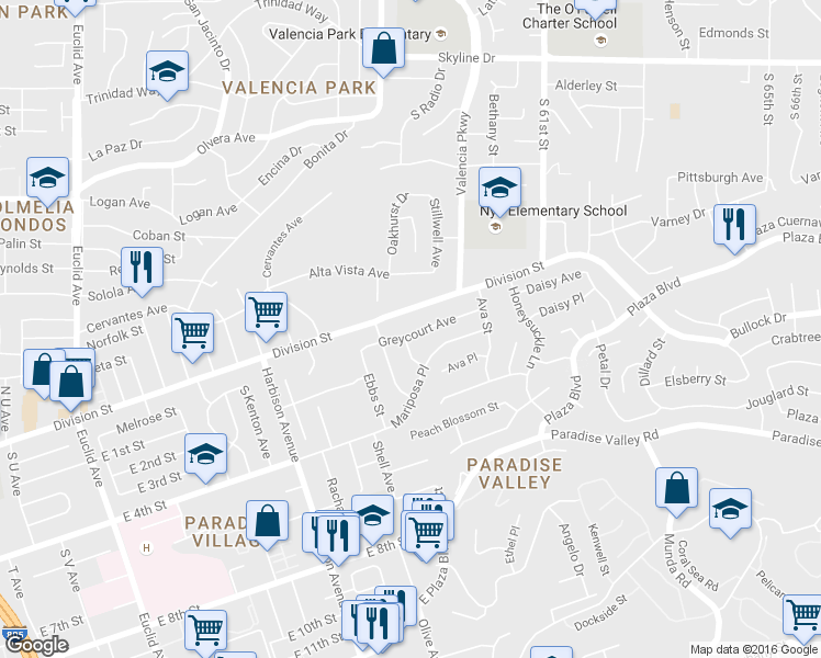 map of restaurants, bars, coffee shops, grocery stores, and more near 5824 Greycourt Ave in San Diego