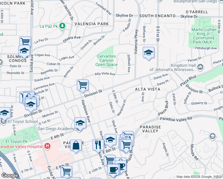 map of restaurants, bars, coffee shops, grocery stores, and more near 1308 South 58th Street in San Diego
