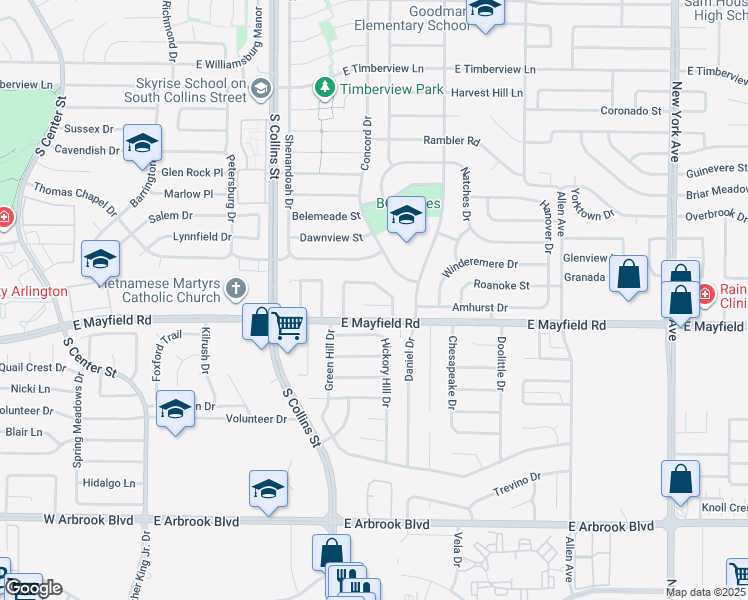 map of restaurants, bars, coffee shops, grocery stores, and more near 1007 Shana Court in Arlington