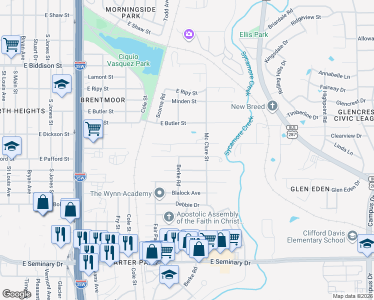 map of restaurants, bars, coffee shops, grocery stores, and more near 1220 Elva Warren Street in Fort Worth