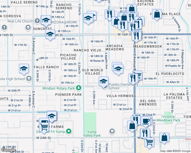 map of restaurants, bars, coffee shops, grocery stores, and more near 1925 Paris Court in Yuma