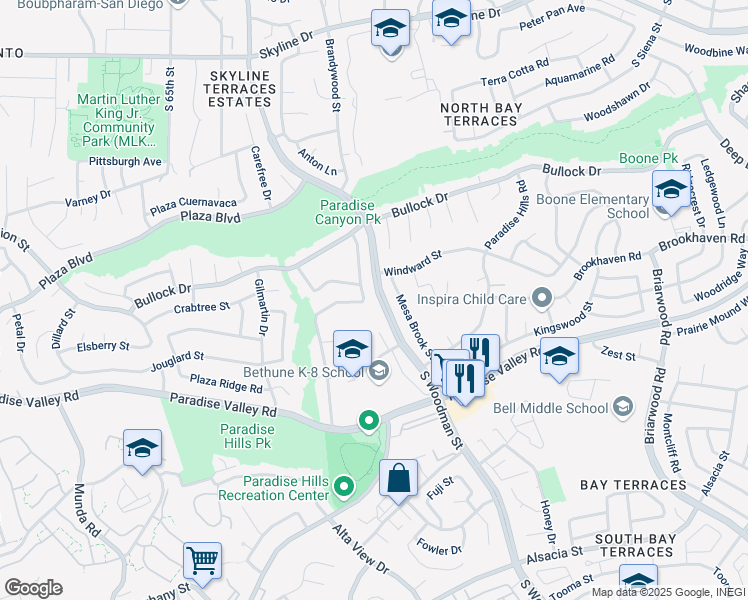 map of restaurants, bars, coffee shops, grocery stores, and more near 1627 Parkland Way in San Diego