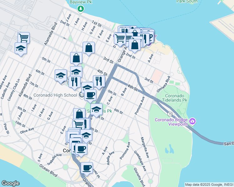 map of restaurants, bars, coffee shops, grocery stores, and more near 1211 5th Street in Coronado