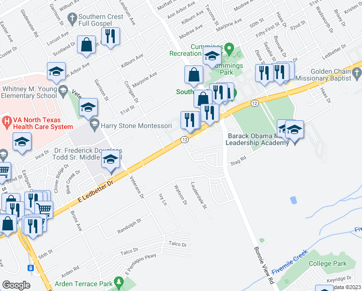 map of restaurants, bars, coffee shops, grocery stores, and more near 2734 East Ledbetter Drive in Dallas