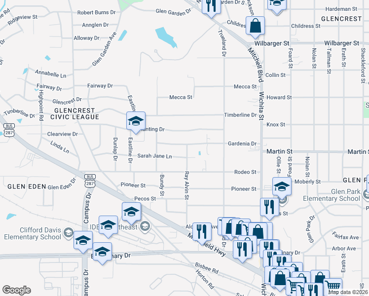 map of restaurants, bars, coffee shops, grocery stores, and more near 2916 Gardenia Drive in Fort Worth