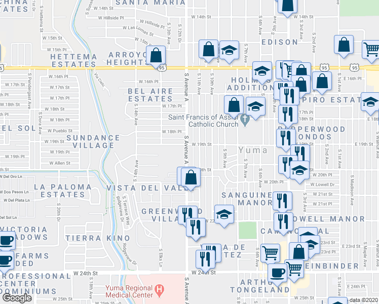 map of restaurants, bars, coffee shops, grocery stores, and more near 1923 South Avenue A in Yuma