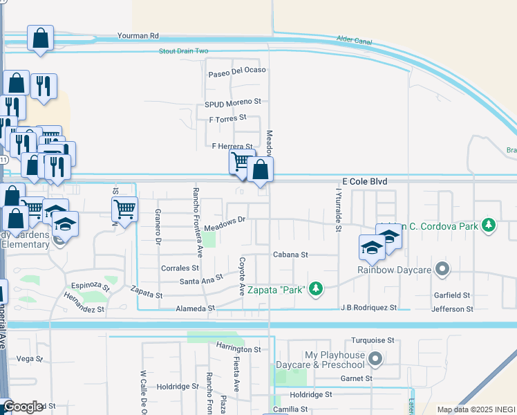 map of restaurants, bars, coffee shops, grocery stores, and more near 2301 Andrade Avenue in Calexico