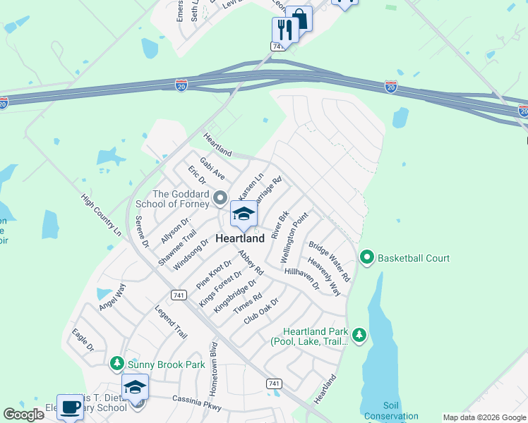 map of restaurants, bars, coffee shops, grocery stores, and more near 2008 Sterling Gate Drive in Heartland
