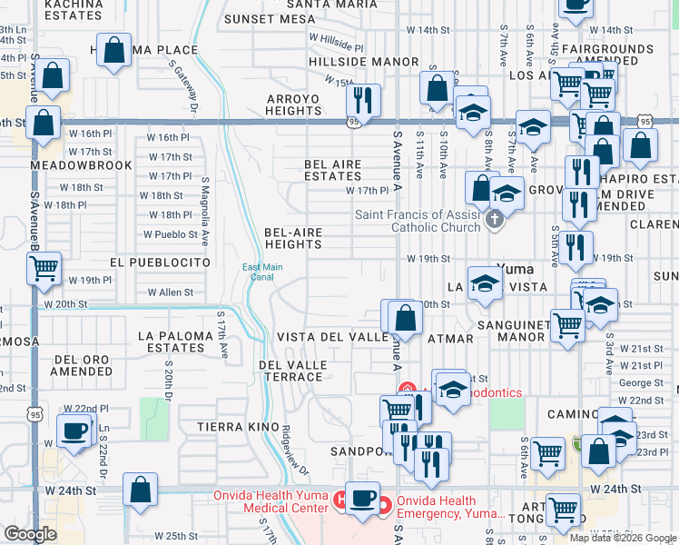 map of restaurants, bars, coffee shops, grocery stores, and more near 1310 West Ridgeview Drive in Yuma