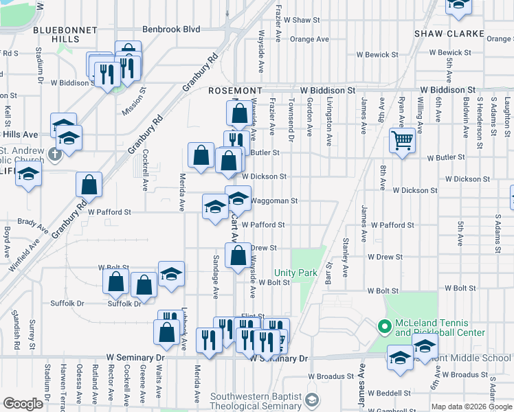 map of restaurants, bars, coffee shops, grocery stores, and more near 3805 Wayside Avenue in Fort Worth