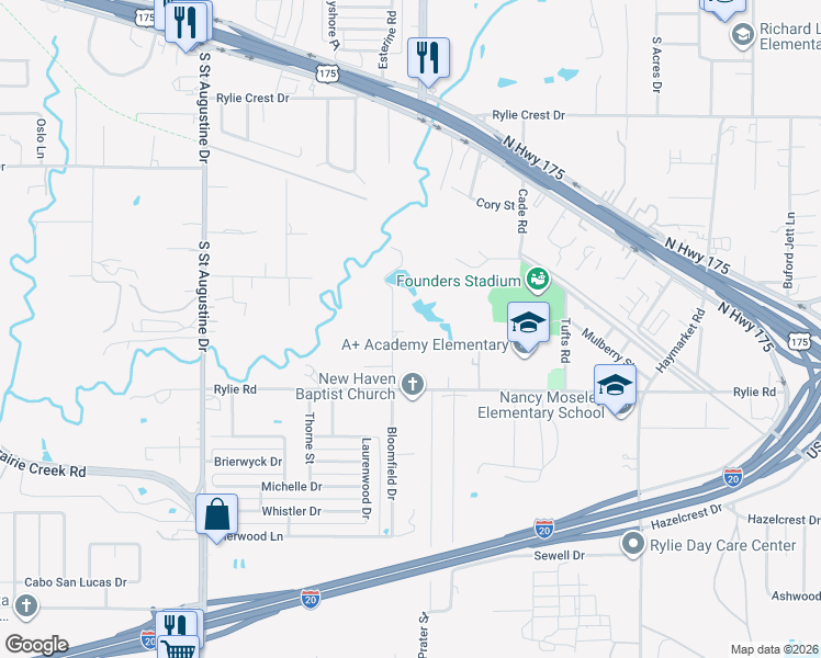 map of restaurants, bars, coffee shops, grocery stores, and more near 1138 Bloomfield Drive in Dallas