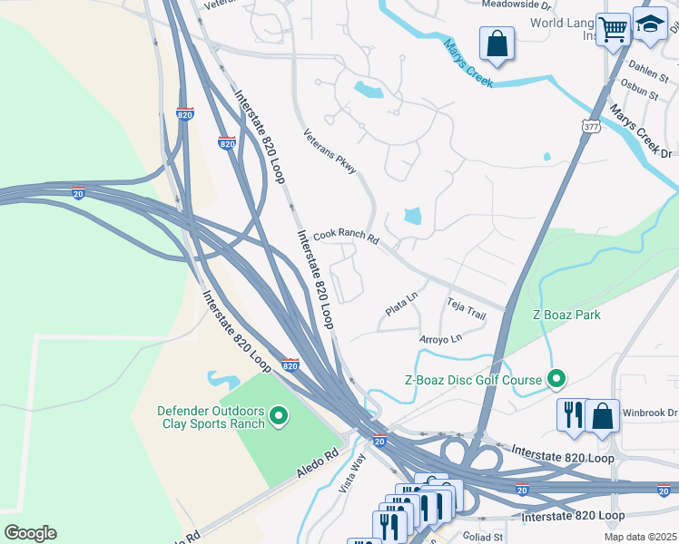map of restaurants, bars, coffee shops, grocery stores, and more near 8889 Cook Ranch Road in Benbrook
