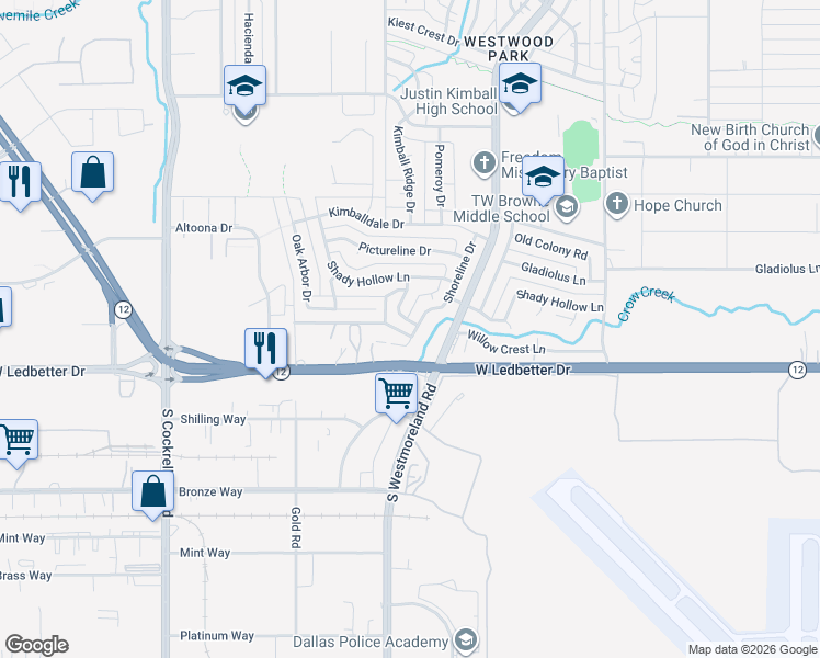 map of restaurants, bars, coffee shops, grocery stores, and more near 4145 Drowsy Lane in Dallas