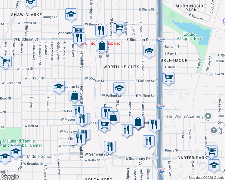 map of restaurants, bars, coffee shops, grocery stores, and more near 3828 Saint Louis Avenue in Fort Worth
