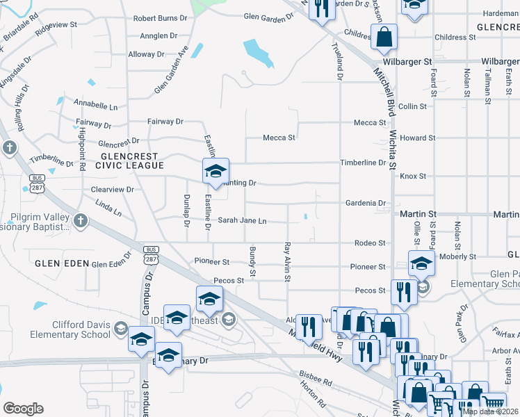 map of restaurants, bars, coffee shops, grocery stores, and more near 2812 Gardenia Drive in Fort Worth