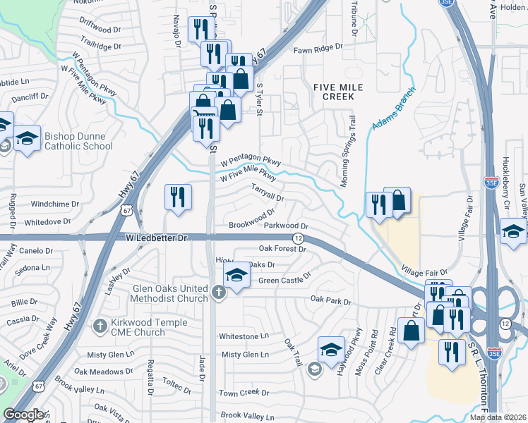 map of restaurants, bars, coffee shops, grocery stores, and more near 829 Brookwood Drive in Dallas