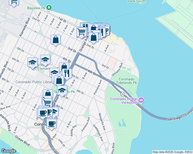 map of restaurants, bars, coffee shops, grocery stores, and more near 406 Adella Lane in Coronado