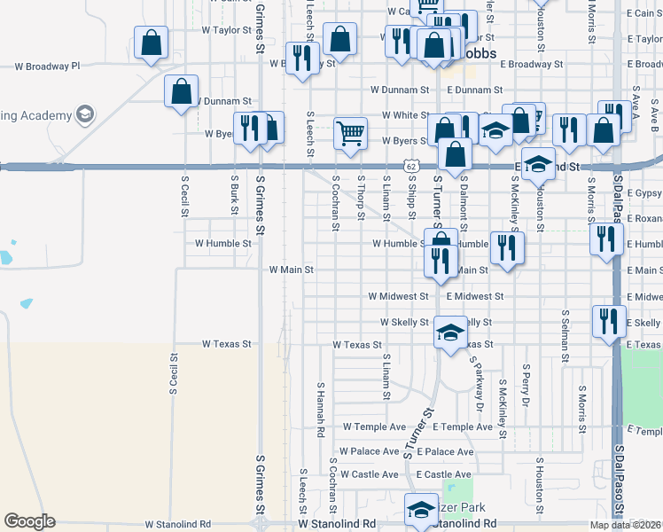 map of restaurants, bars, coffee shops, grocery stores, and more near 500 West Main Street in Hobbs