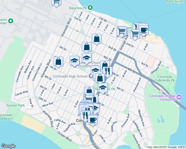 map of restaurants, bars, coffee shops, grocery stores, and more near 907 6th Street in Coronado