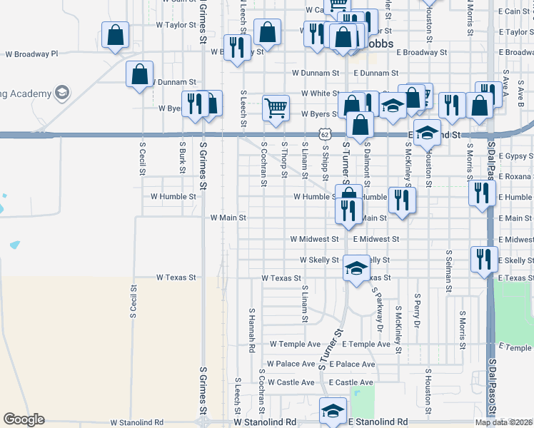map of restaurants, bars, coffee shops, grocery stores, and more near 500 West Main Street in Hobbs