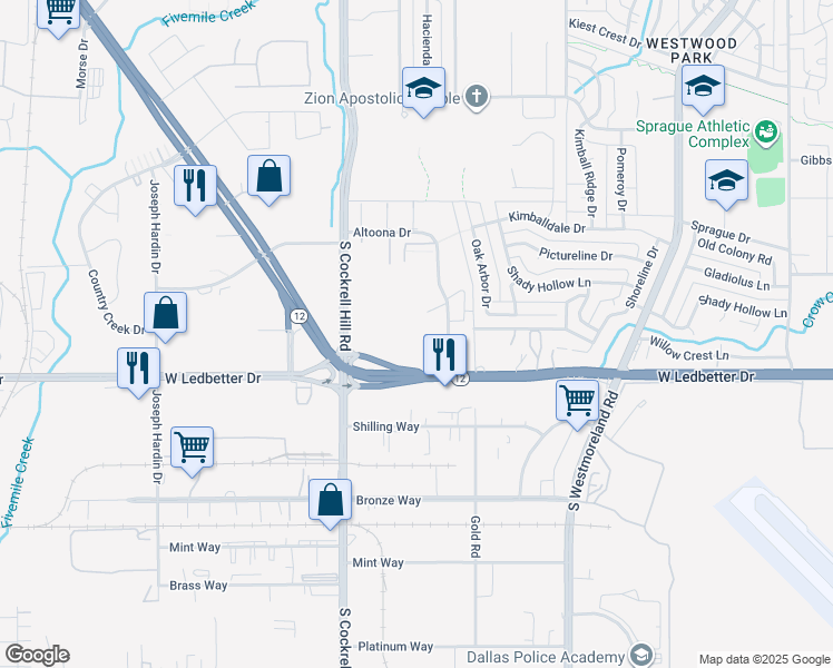 map of restaurants, bars, coffee shops, grocery stores, and more near 4209 West Ledbetter Drive in Dallas