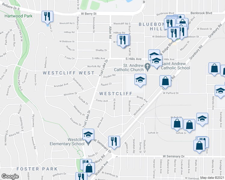 map of restaurants, bars, coffee shops, grocery stores, and more near 3516 Plymouth Avenue in Fort Worth