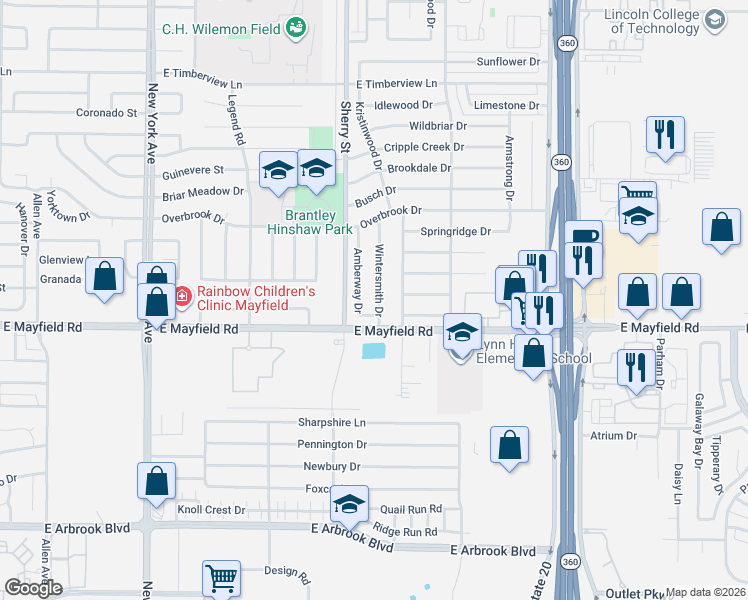 map of restaurants, bars, coffee shops, grocery stores, and more near 3300 Wintersmith Drive in Arlington