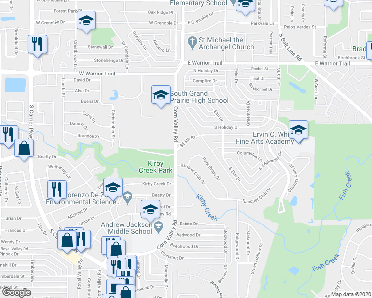 map of restaurants, bars, coffee shops, grocery stores, and more near 3529 Southeast 8th Street in Grand Prairie